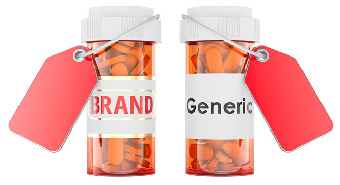 Brand and Generic medicine bottles with red price tags. 3d rendering