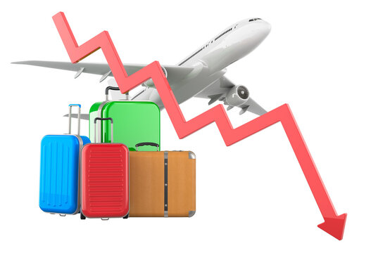 Airplane with suitcases and downward arrow for reduced travel, 3d rendering