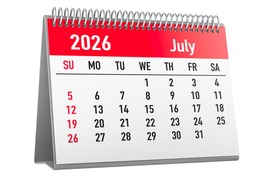 July 2026 desk calendar with spiral binding. 3D rendering