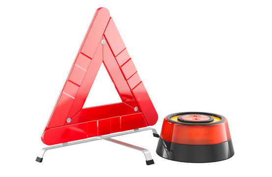 Emergency warning triangle and flashing beacon, portable emergency LED beacon light. 3d rendering