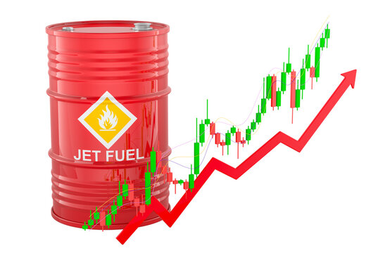 Jet fuel barrel with candlestick market chart and upward arrow, concept of rising aviation fuel prices and airline costs, 3d rendering