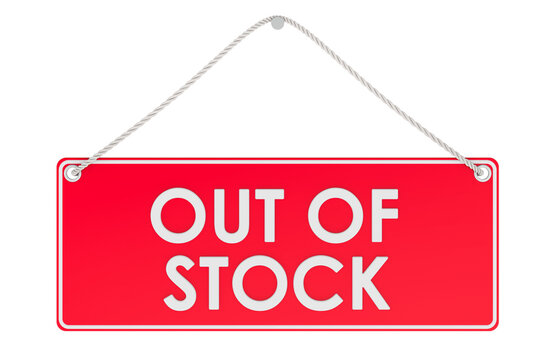 Red out of stock hanging sign on rope, 3d rendering
