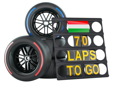 Hungarian racing, pit board with Hungary flag of and racing wheels with different compounds type tyres. 3D rendering