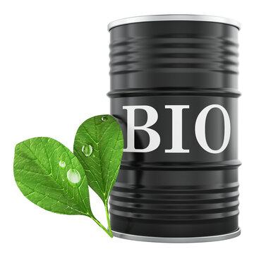 Biofuel barrel with green leaves, concept of biofuel renewable energy and sustainable fuel. 3d rendering