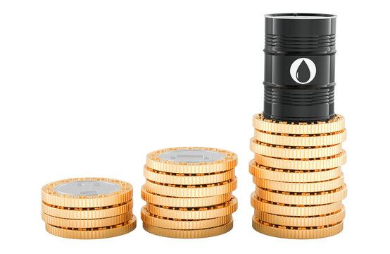 Oil barrel on rising coin stacks. Concept of oil price growth, energy costs, profit and petroleum market, 3d rendering