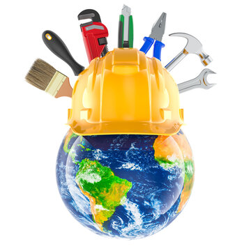 Labor Day concept with globe hard hat and tools. 3d rendering