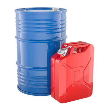 Blue fuel barrel and red jerry can. 3d rendering