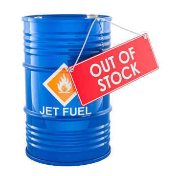 Jet fuel barrel with out of stock warning tag. Aviation fuel shortage and supply disruption, concept. 3d rendering