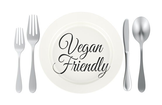 Vegan Friendly concept, with plate and cutlery. 3d rendering
