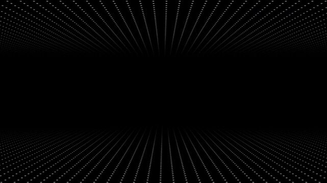 3D infinite white dot grid tunnel seamless loop animation with top and bottom dot pattern moving left and right on black background. 4K animated background for tech, presentation, and motion graphics.