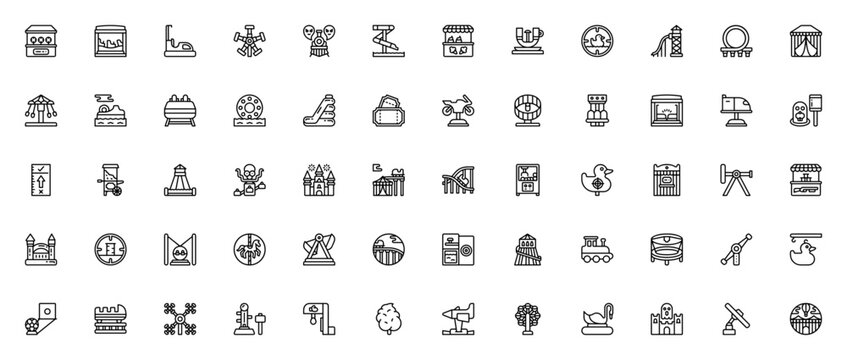 Theme parks icon set. Vector amusement park icons collection. Includes roller coaster, ferris wheel, haunted house, bumper car, swing, slide, tickets, popcorn, cotton candy and more. Editable stroke.