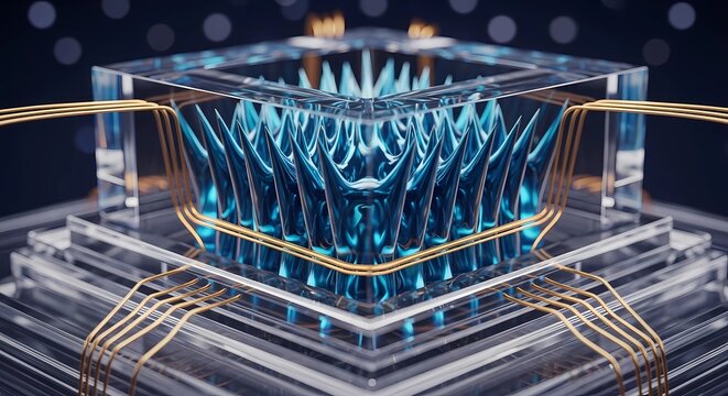 Advanced quantum processor chip with glowing blue liquid cooling system