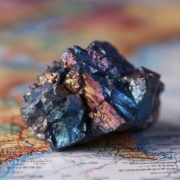 A macro shot of rare earth mineral ore with iridescent metallic reflections, dark blue and copper crystalline texture, and a topographic map backdrop is shown.