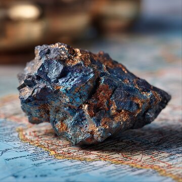 A shot of raw rare earth ore with metallic iridescent reflections, dark blue and copper hues, resting on a blurred physical topographic map of Brazil in the background, editorial photography