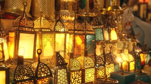 Close-up of traditional Arabic lanterns in Cairo market. Detailed close-up of ornate traditional Arabic lanterns displayed in a market in Cairo. The shot highlights intricate patterns, metallic textur
