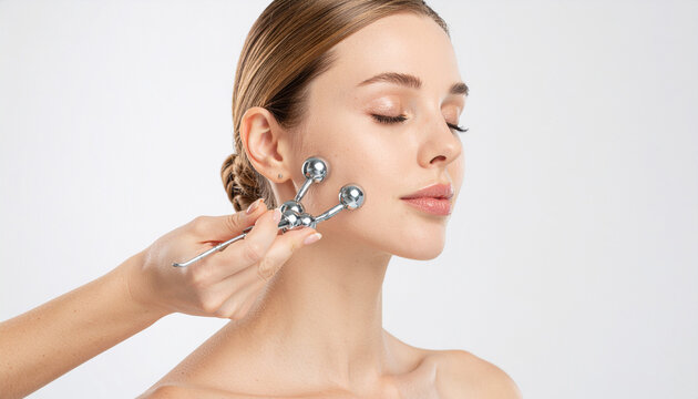 Young woman using a silver microcurrent facial roller massager on her cheekbone, anti-aging beauty tool treatment on a clean white background, modern skincare technology concept