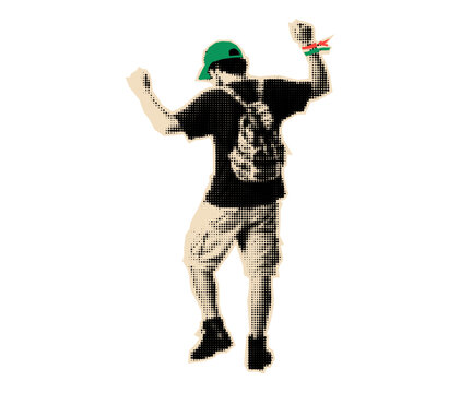 Dancing guy halftone cutout.  Bro vibing summer vibe collage element.