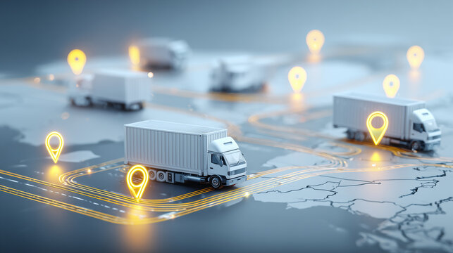 Delivery trucks on a mapped route network representing logistics planning, cargo distribution, and supply chain coordination.
