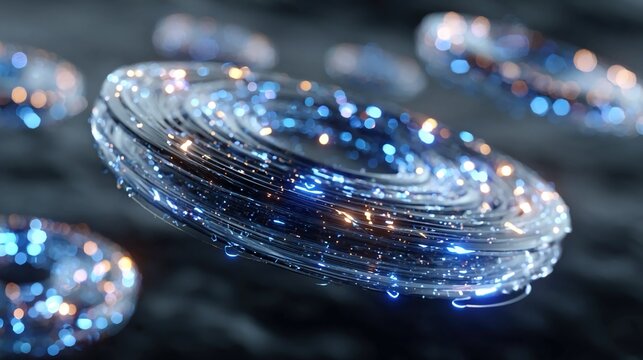 Abstract floating crypto network with levitating neon tokens, pulsating blockchain nodes, kinetic AI conduits, glowing transaction streams, and futuristic cyber-financial formations in motion