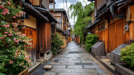 Naklejka premium Traditional wooden houses street scene with narrow alley in clean and rustic background, Free space for text
