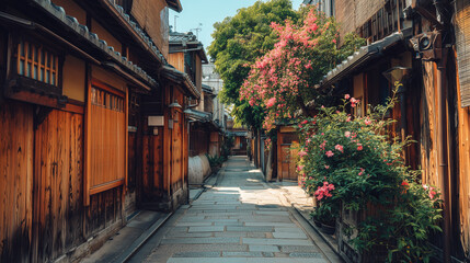 Naklejka premium Traditional wooden houses street scene with narrow alley in clean and rustic background, Free space for text