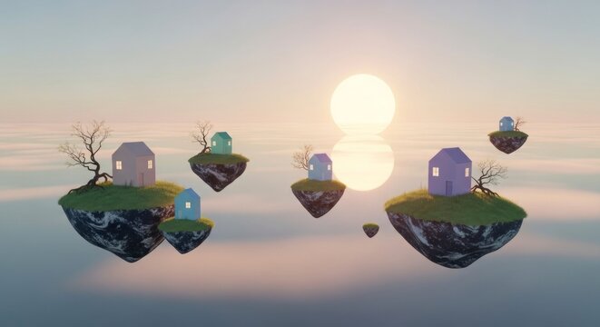 Des &icirc;les flottantes avec des maisons, un paysage surr&eacute;aliste au lever ou au coucher du soleil