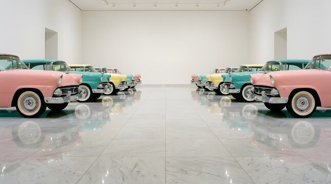 A symmetrical arrangement of vintage cars in a modern, empty gallery with shiny floors