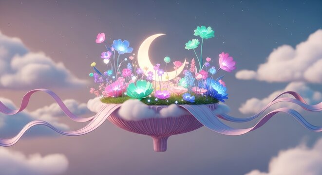 Lune et fleurs f&eacute;eriques flottant dans le ciel, orn&eacute;es de rubans et de nuages.