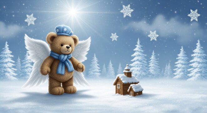 Un ange ours en peluche ail&eacute; dans un paysage hivernal f&eacute;erique avec des flocons de neige et des maisons