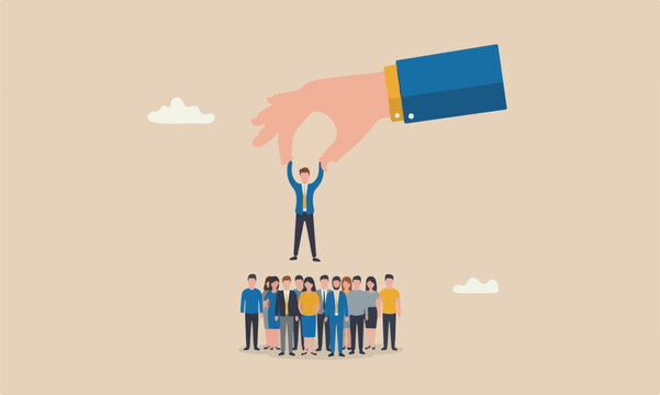 Choosing candidate job vacancy, human resources or manager pick success candidate, searching for success people concept, giant businessman hand HR pick up winner from group of job candidate