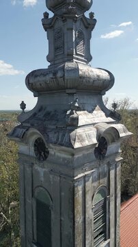 Vertical drone close-up of historical Reformed Calvinist Church an example of Neoclassical architecture in central Vrbas, Serbia.
