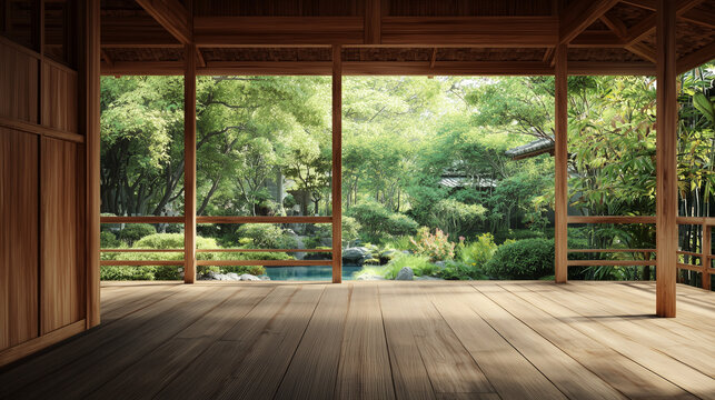 Empty wooden veranda facing a garden for background, Free space for text
