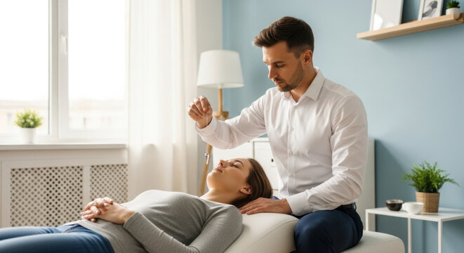Male psychologist with pendulum hypnotizing woman on couch in office