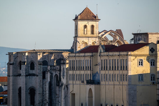 Lisboa, Portugal - 04 April 2026: Aerial view of the Carmo Archaeological Museum showing the gothic arches of the ruined convent and the bell tower in Lisbon.