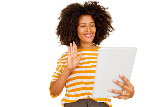Happy young woman waving hand during a video call on a digital tablet, staying connected, transparent background