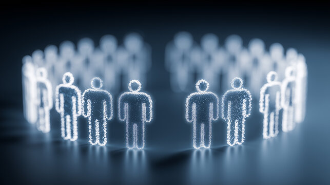 Digital human figures standing in groups representing population analytics, workforce segmentation, and data driven community insights.
