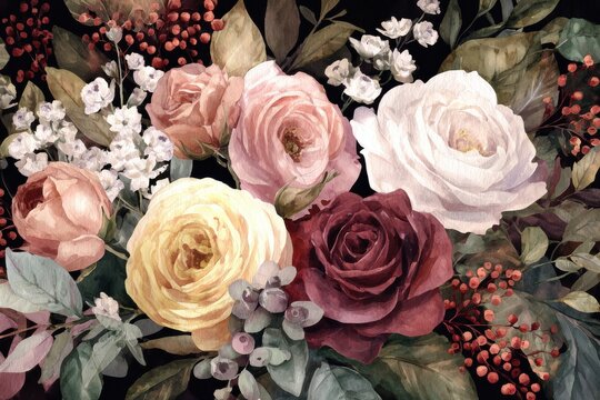 A beautiful arrangement of roses and flowers on a dark background