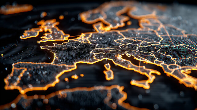 A digital map of Europe with glowing connections representing international networks, data transfer, and cross border technology infrastructure.
