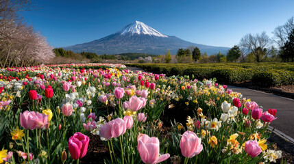 One of the most visit destination in Japan, beautiful view of Mount Fuji or Fujiyama with colorful blooming flower garden. 