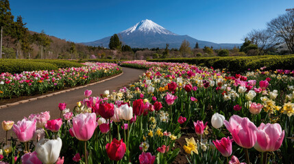 One of the most visit destination in Japan, beautiful view of Mount Fuji or Fujiyama with colorful blooming flower garden. 