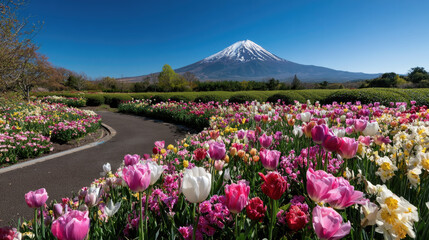 One of the most visit destination in Japan, beautiful view of Mount Fuji or Fujiyama with colorful blooming flower garden. 