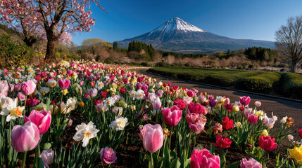 One of the most visit destination in Japan, beautiful view of Mount Fuji or Fujiyama with colorful blooming flower garden. 