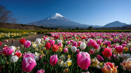 One of the most visit destination in Japan, beautiful view of Mount Fuji or Fujiyama with colorful blooming flower garden. 