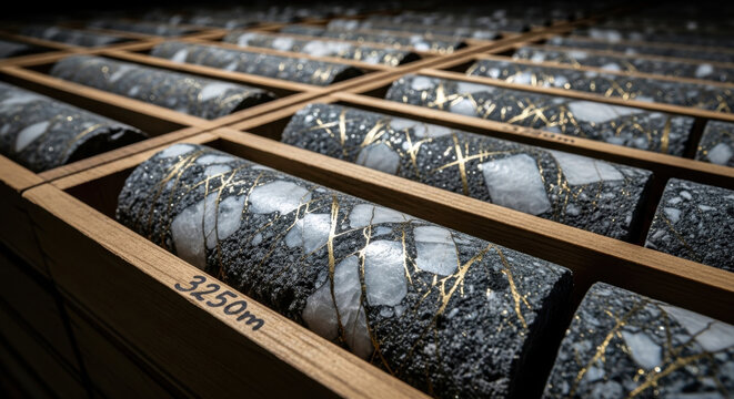 Gold mine core rock specimens arranged in a storage unit showcasing natural geological formations and drilling industry characteristics