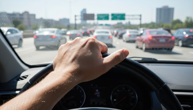 A driver's hand gripping a steering wheel while navigating heavy daytime traffic on a busy highway.