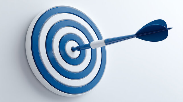 A dart hitting the center of a target illustrating business goals, precise strategy, achievement, and successful execution.
