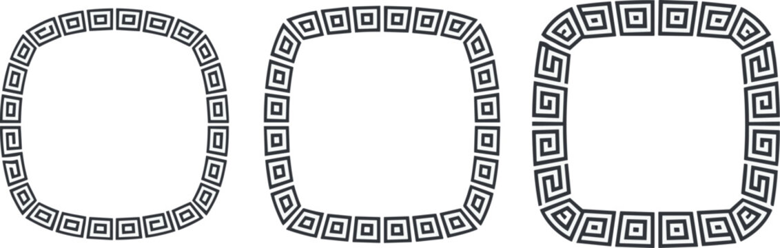 Three black and white geometric decorative borders with greek key patterns frame meander