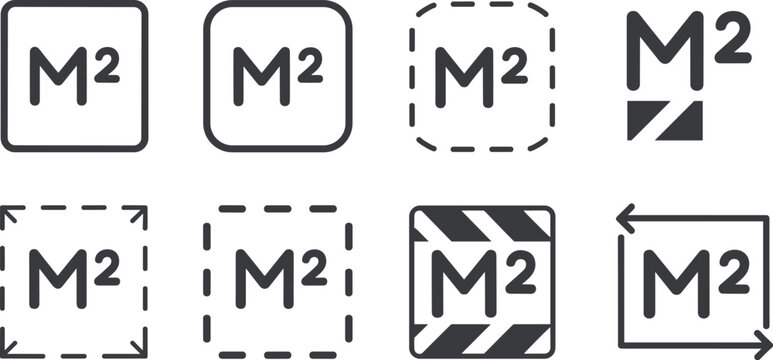 Set of eight square with m2 symbol and various border styles measurement
