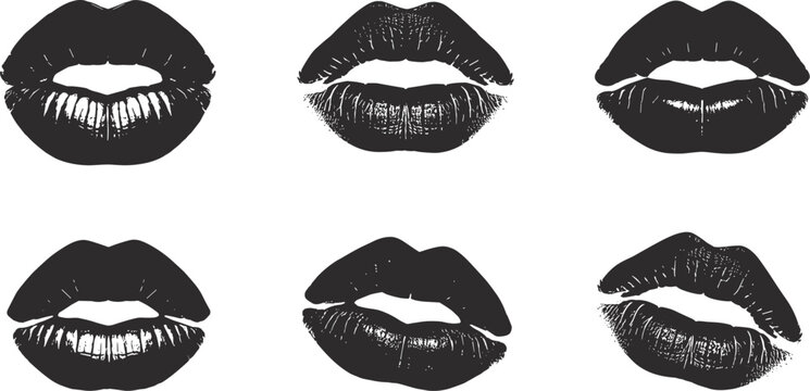 Six black and white stylized lipstick kiss prints on a white background mouth