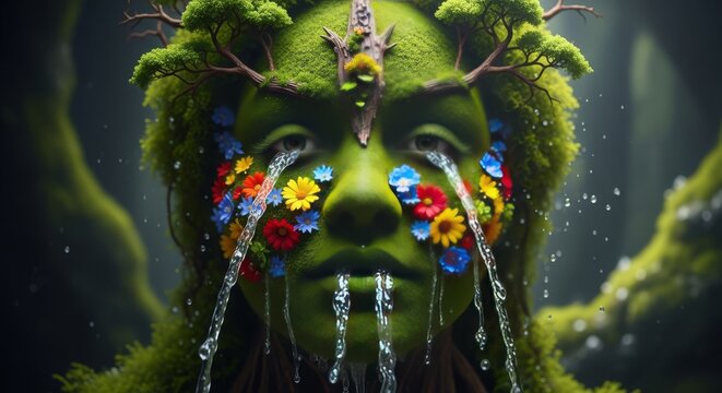 Moss Covered Forest Face Sculpture with Colorful Flowers.